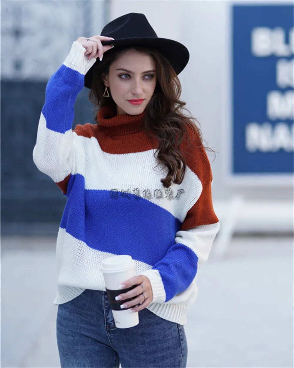 Striped Dropped Shoulder Turtleneck Sweater