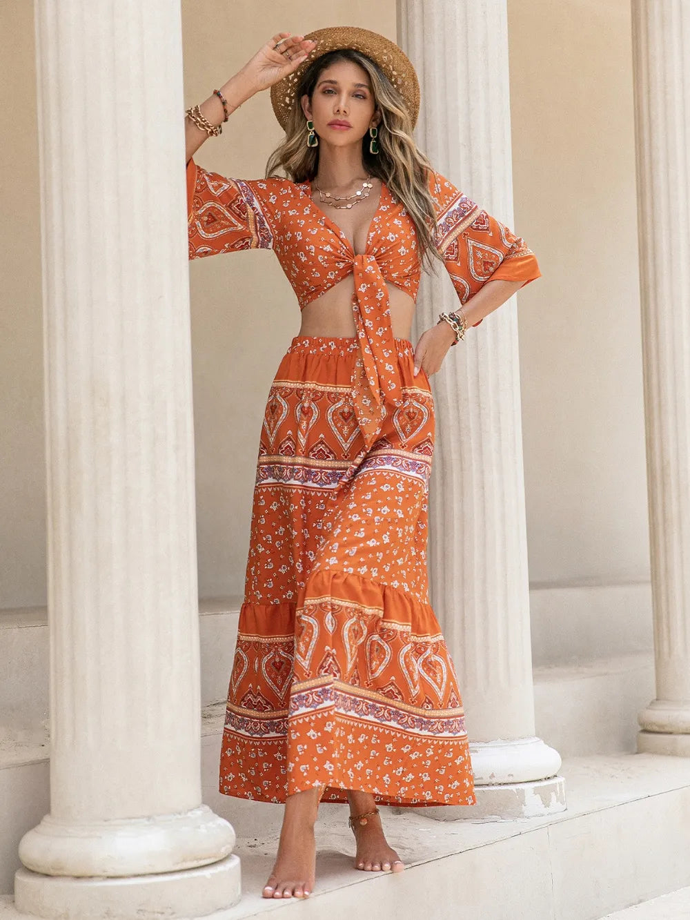 Printed Plunge Half Sleeve Top and Skirt Set