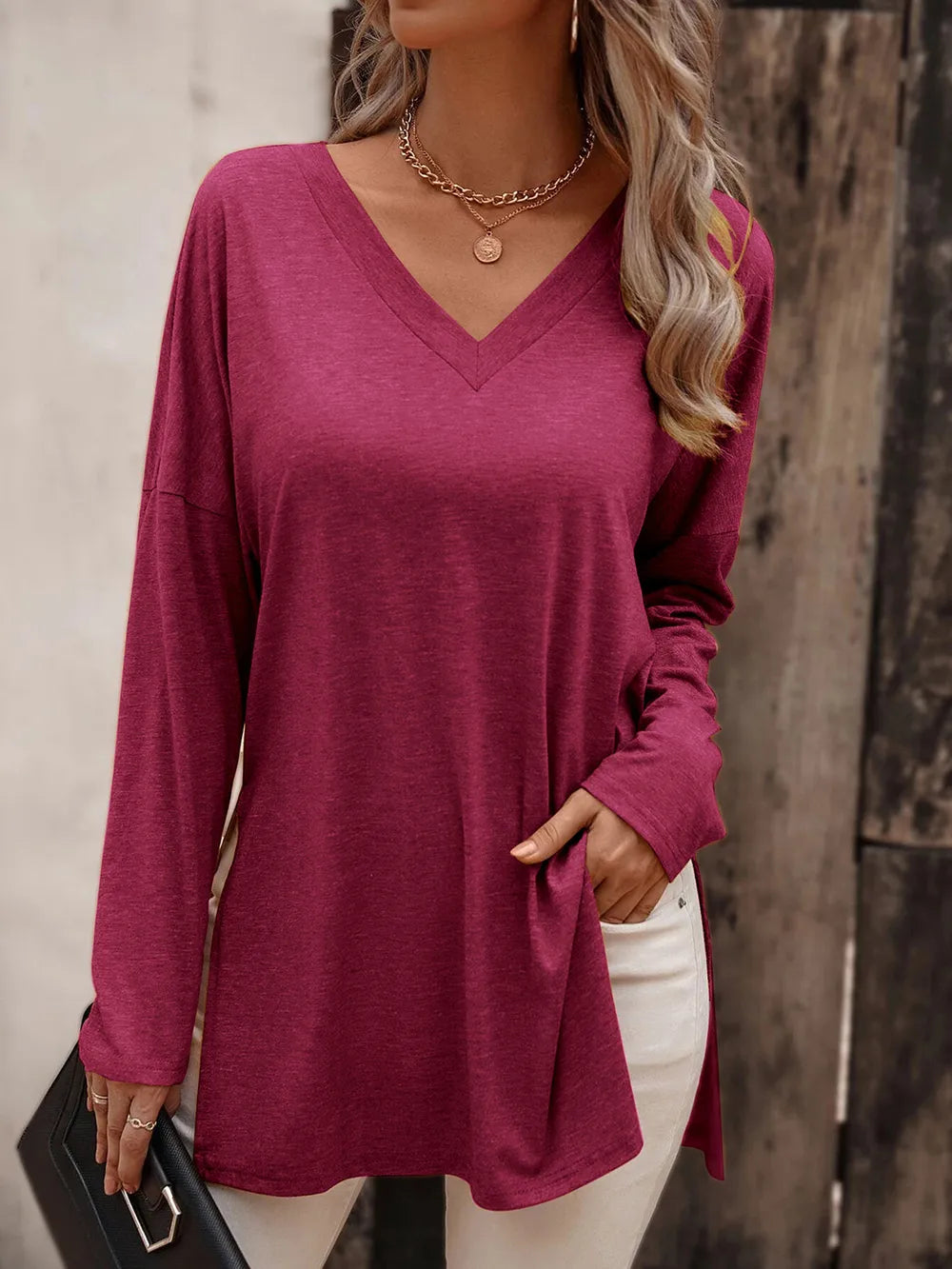 V-Neck Long Sleeve Slit Top