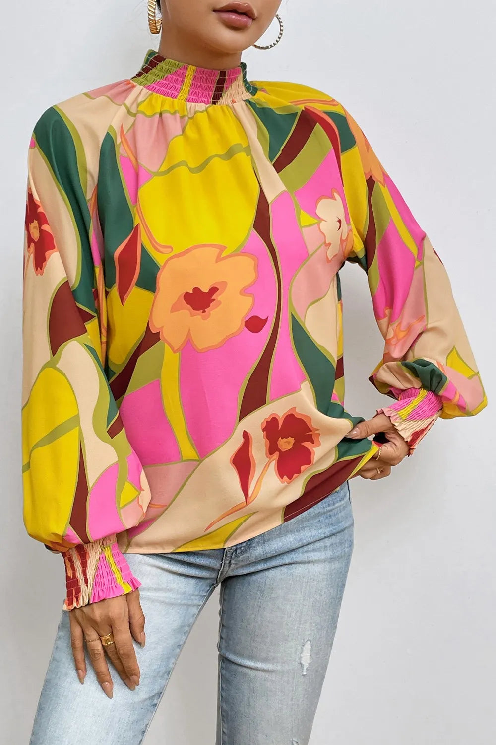 Floral Smocked Lantern Sleeve Mock Neck Blouse