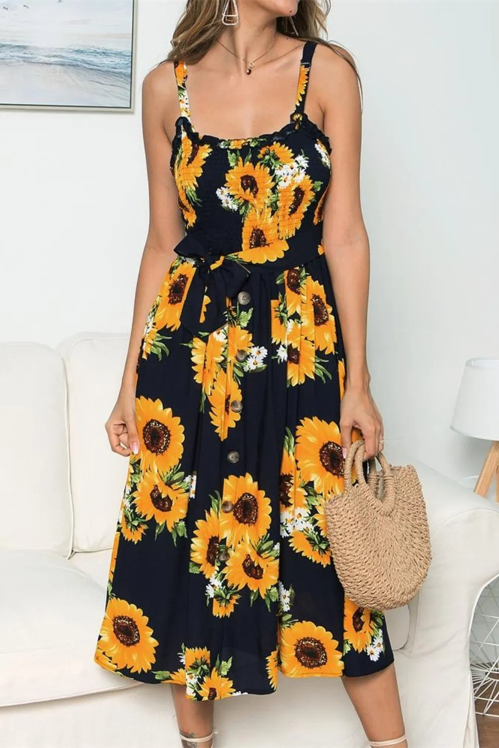 Smocked Sunflower Printed Sleeveless Cami Dress