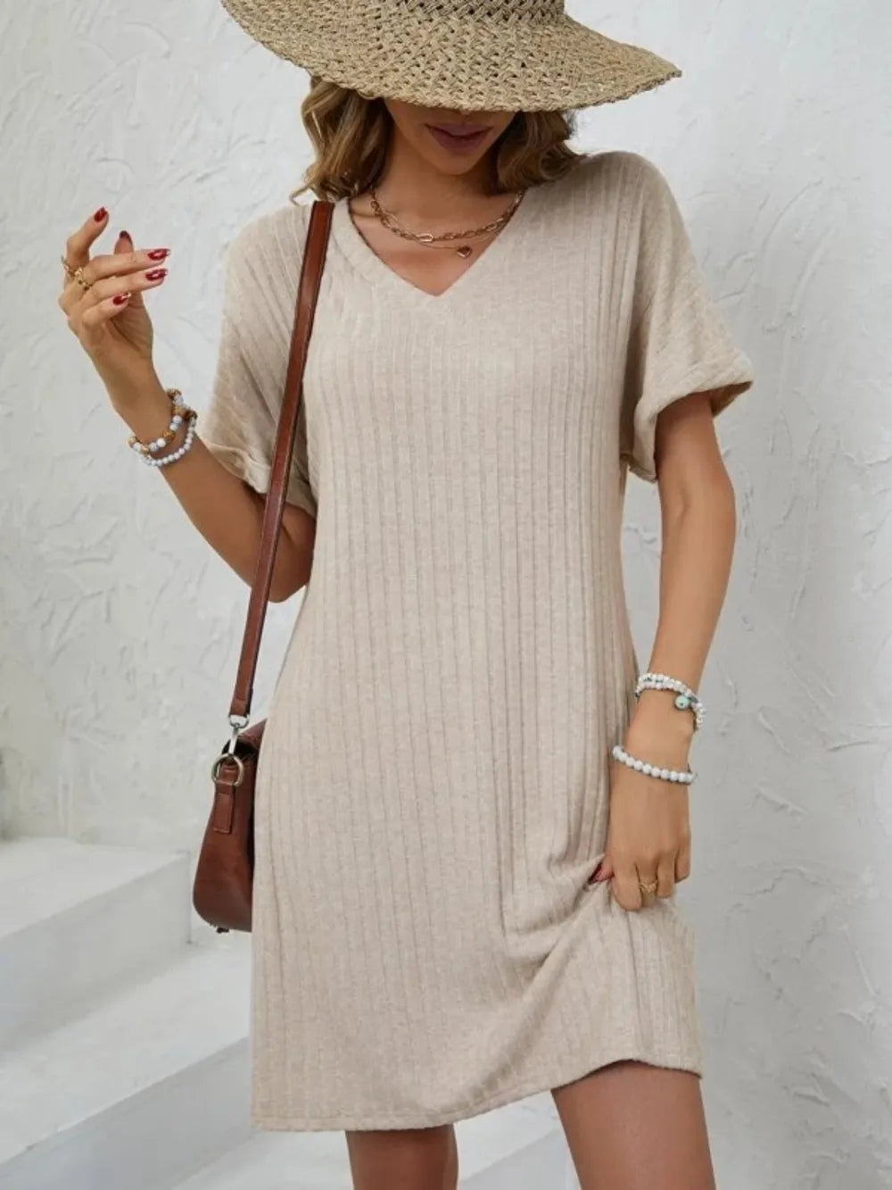 Ribbed V-Neck Short Sleeve Dress