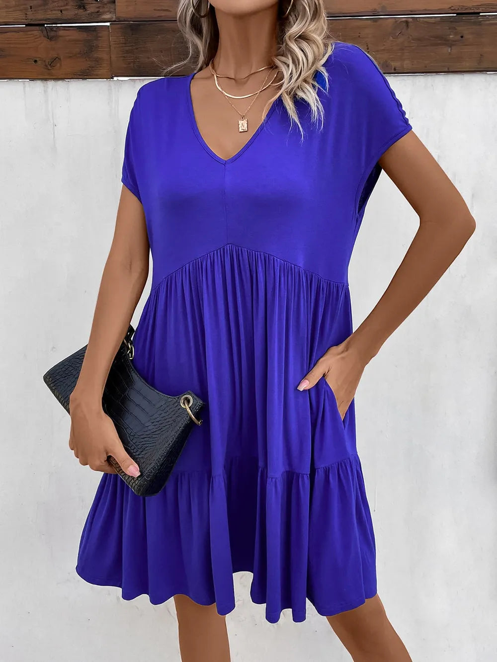 V-Neck Short Sleeve Dress with Pockets