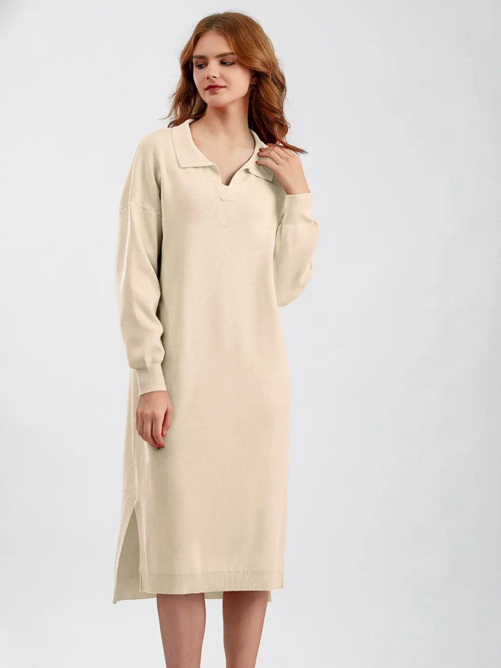 Johnny Collar Long Sleeve Slit Sweater Dress