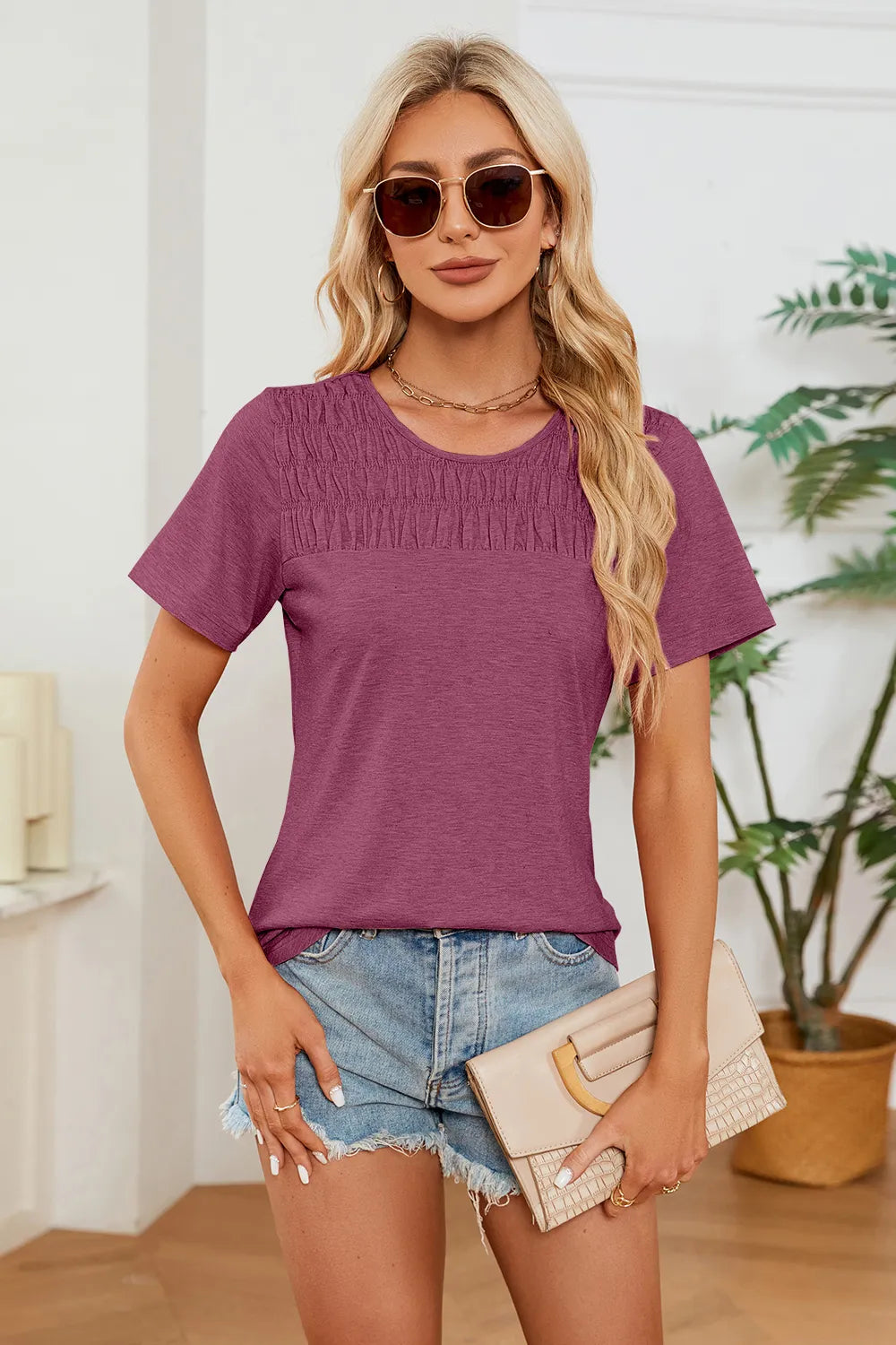 Ruched Round Neck Short Sleeve T-Shirt