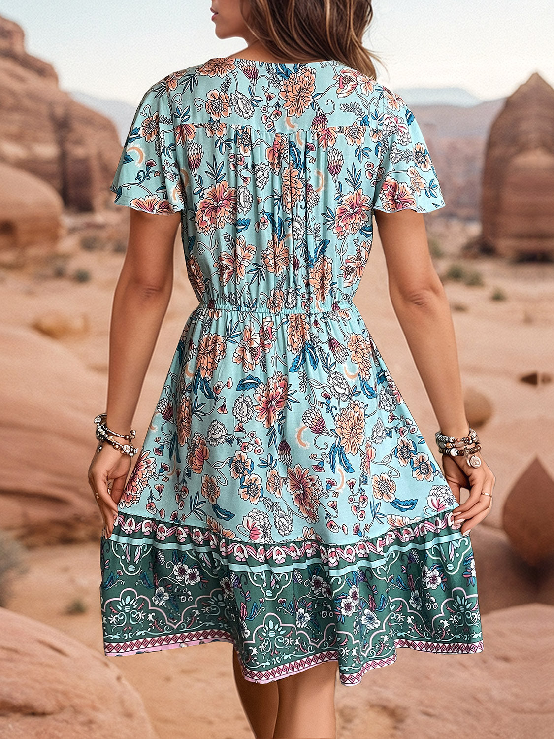 Printed V-Neck Flutter Sleeve Dress