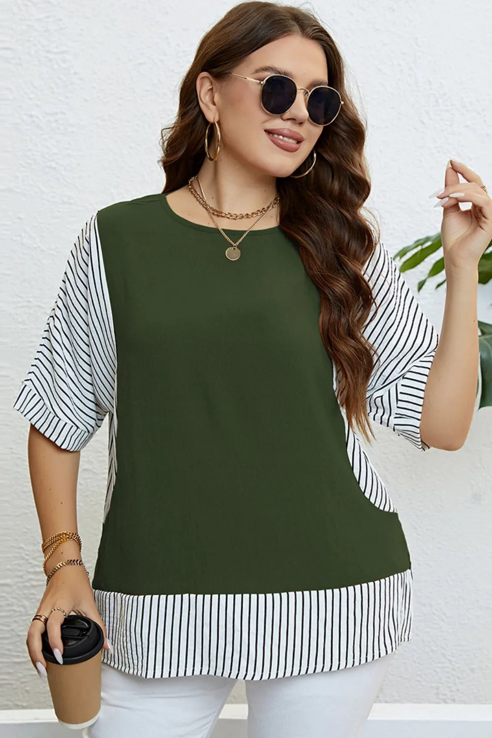 Plus Size Striped Round Neck Half Sleeve Top