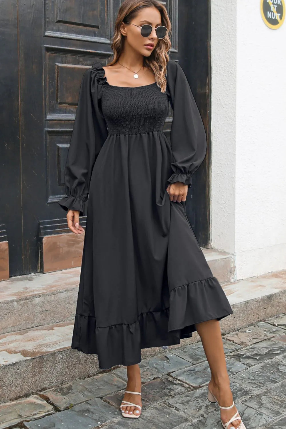 Smocked Ruffle Hem Flounce Sleeve Dress