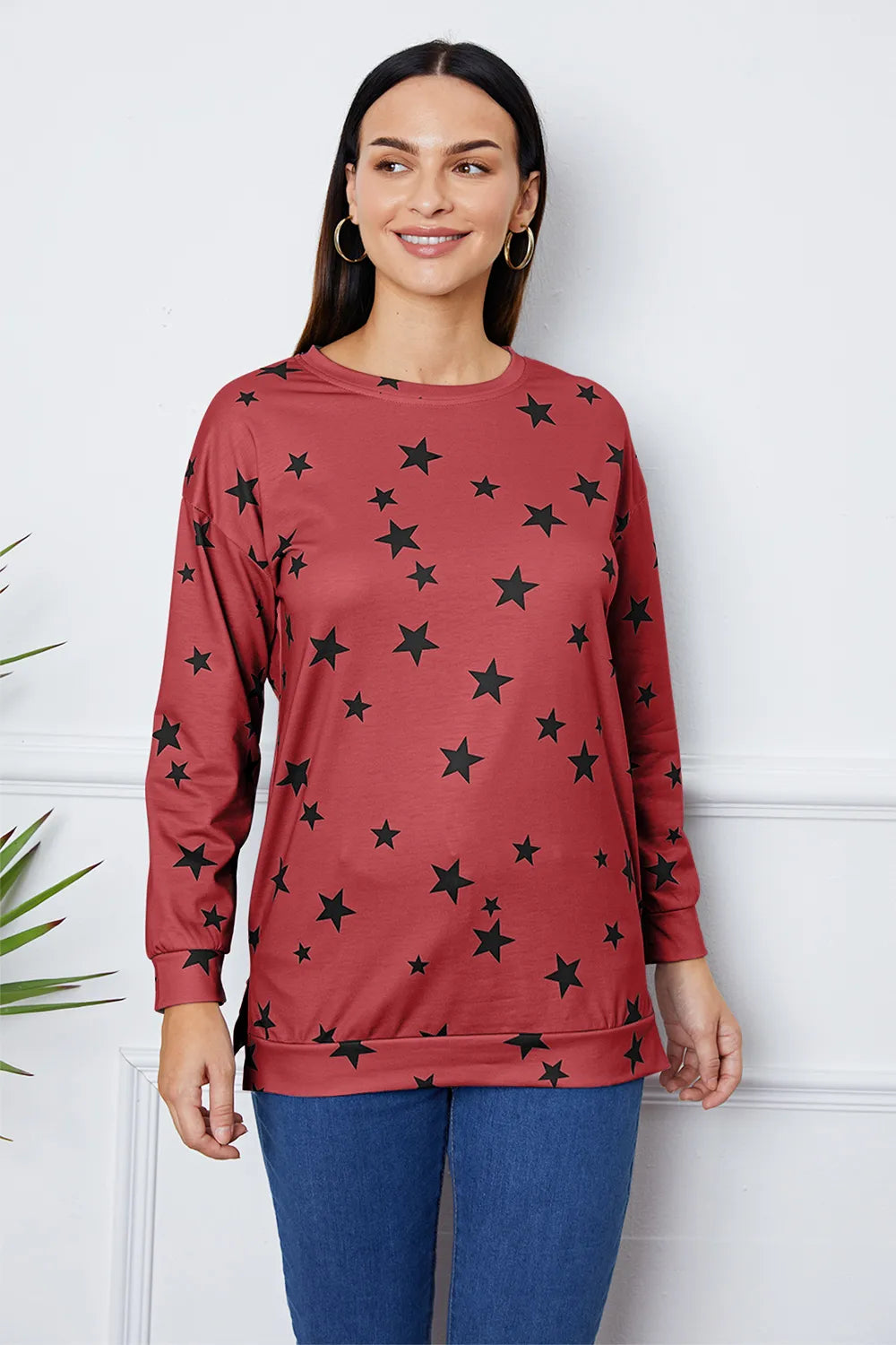 Star Print Round Neck Dropped Shoulder Sweatshirt