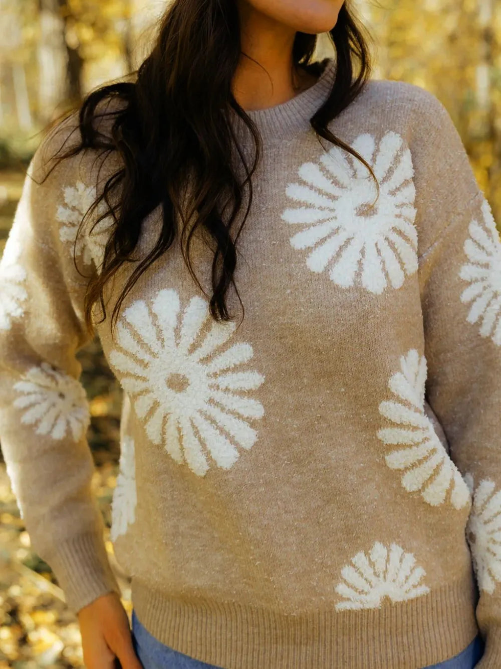 Flower Round Neck Long Sleeve Sweater