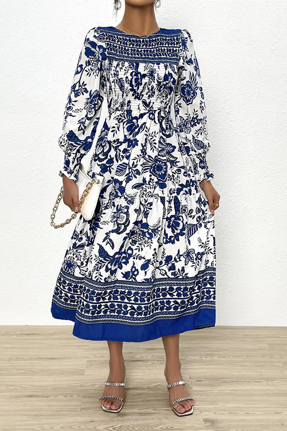 Printed Smocked Lantern Sleeve Ruffled Dress