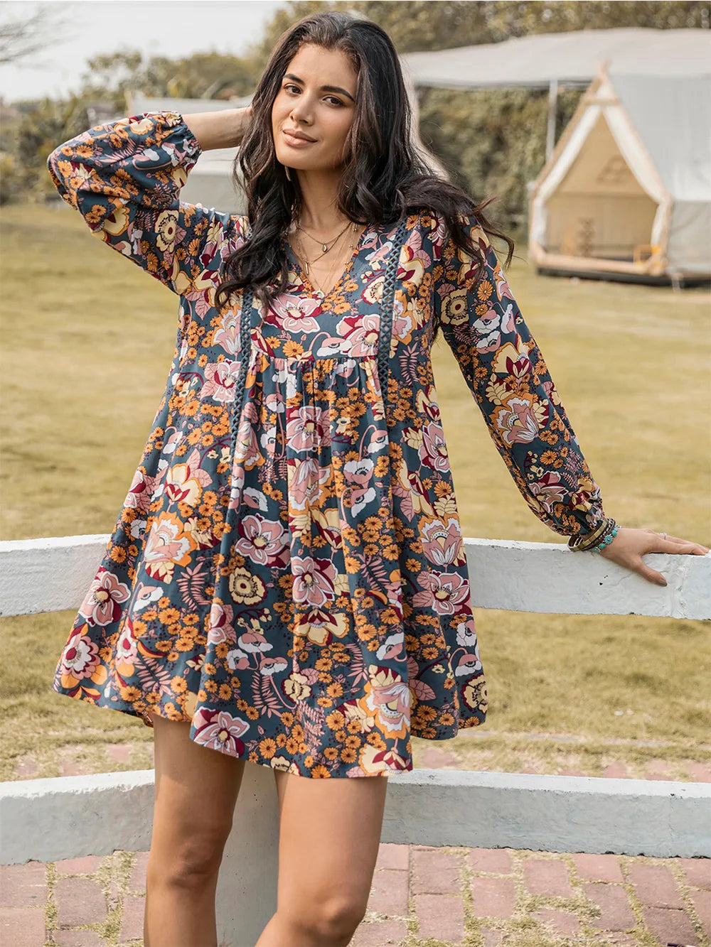 Floral Ruched V-Neck Long Sleeve Dress