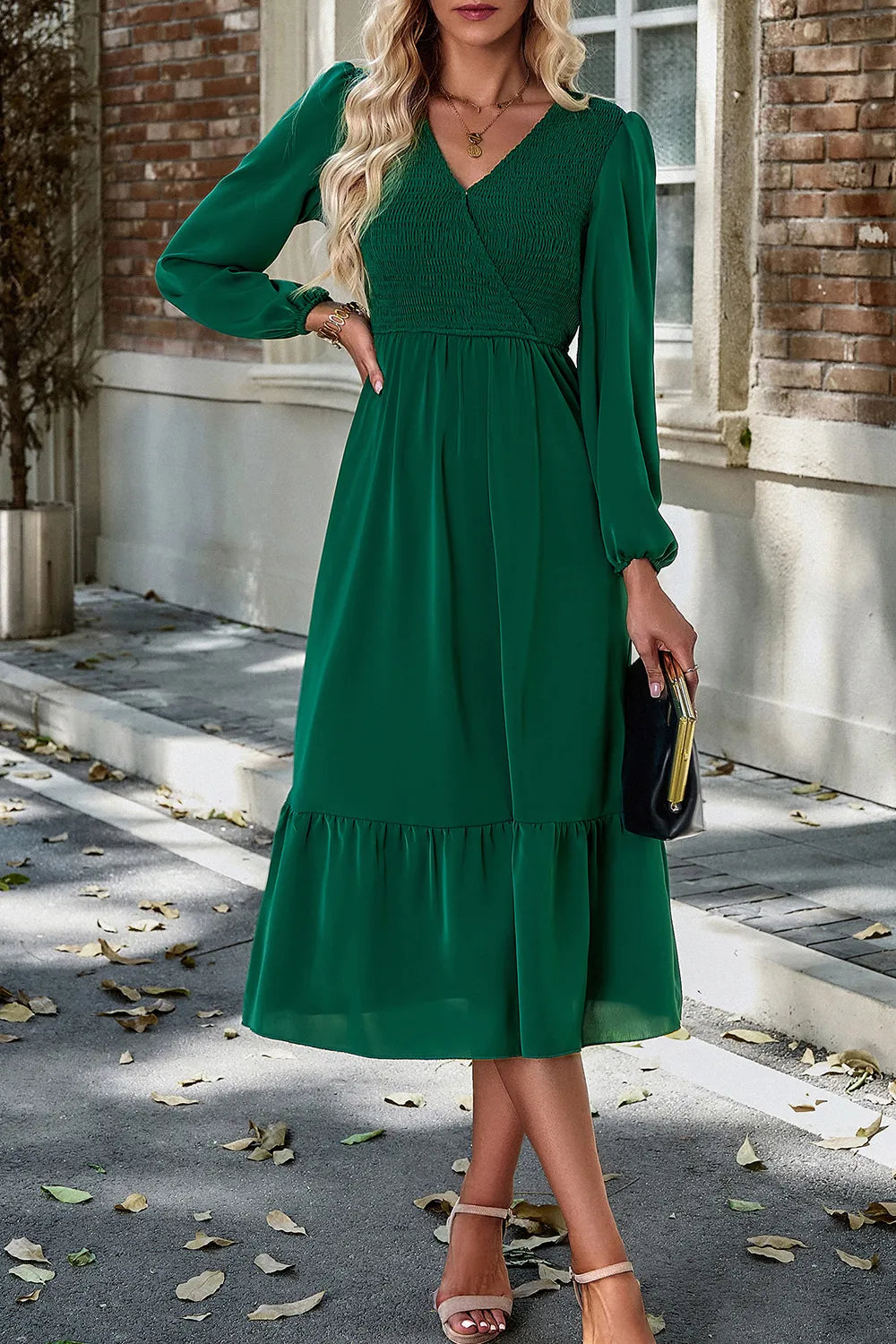 Smocked Surplice Long Sleeve Midi Dress