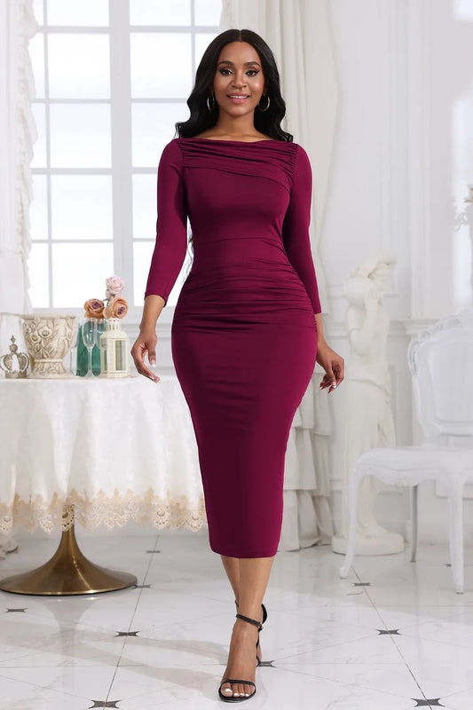 Ruched Boat Neck Midi Dress