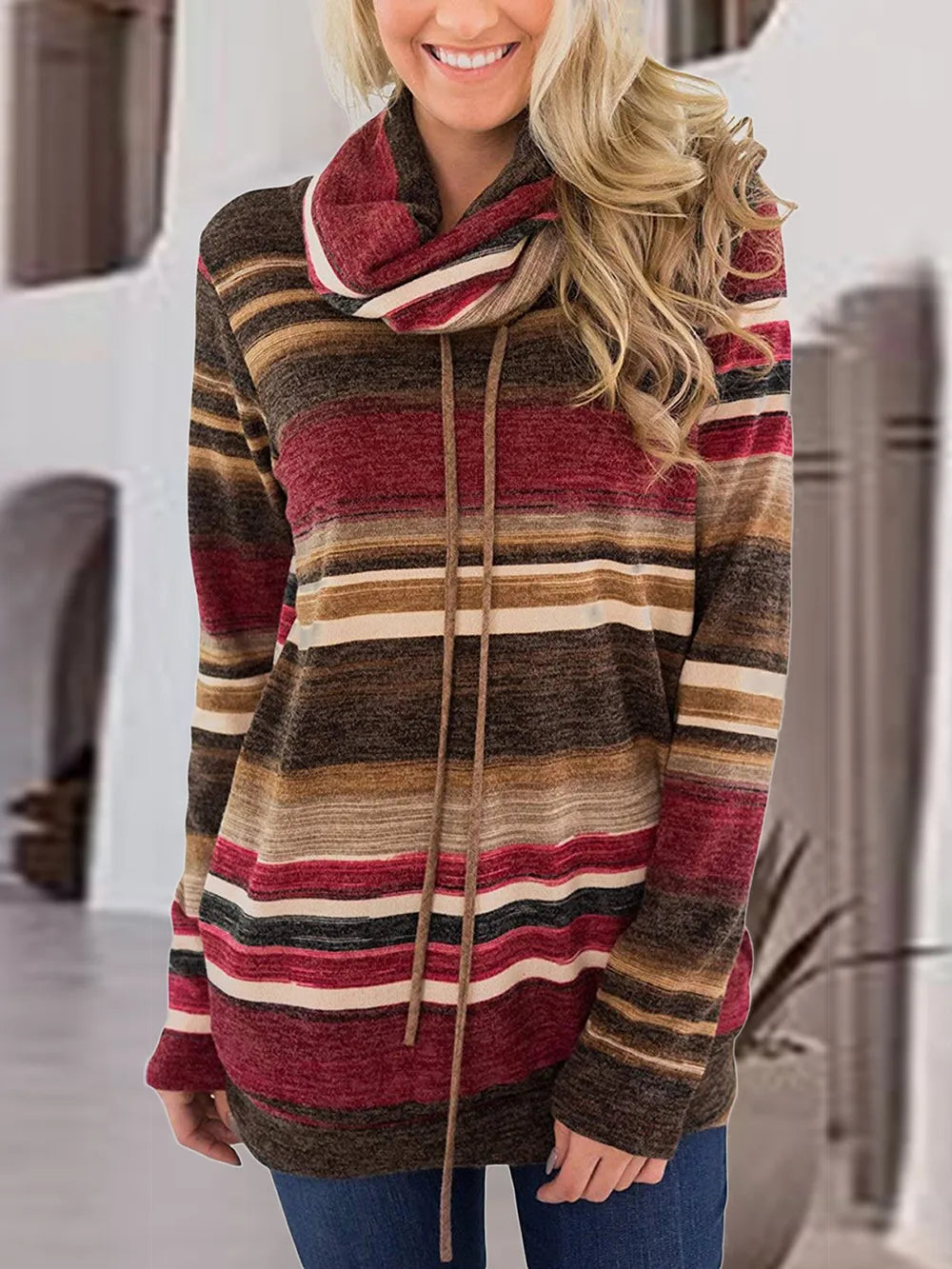 Striped Drawstring Cowl Neck Sweatshirt