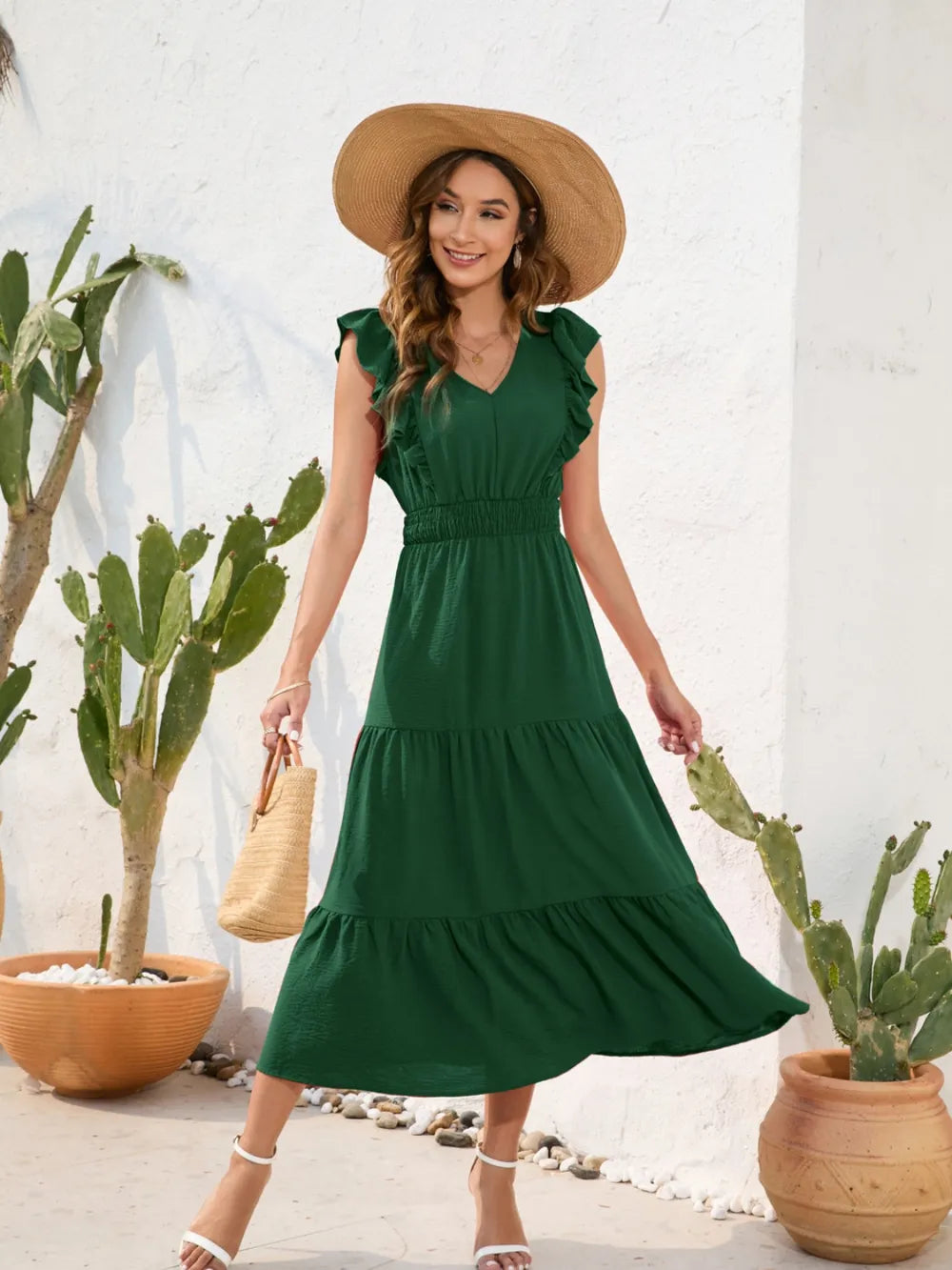 Tiered Ruffled V-Neck Cap Sleeve Dress